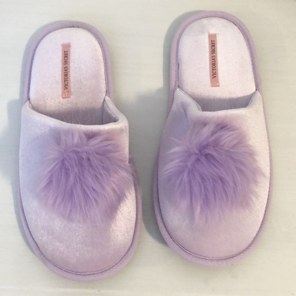 Victoria's Secret Lavender Velvet Pom Pom Slippers - Picture 3 of 7